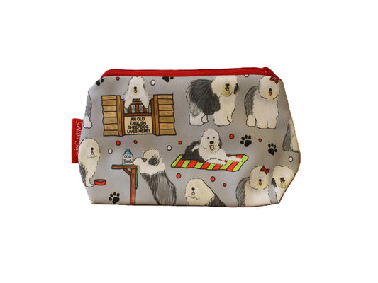 Old English Sheepdog cosmetic bag by Selina-Jayne featuring vibrant shaggy dog graphics, colour-coordinated zipper, and compact 17.5cm design