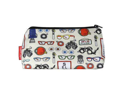 Opticians cosmetic bag by Selina-Jayne featuring vibrant eyecare professional graphics, colour-coordinated zipper, and compact 17.5cm design
