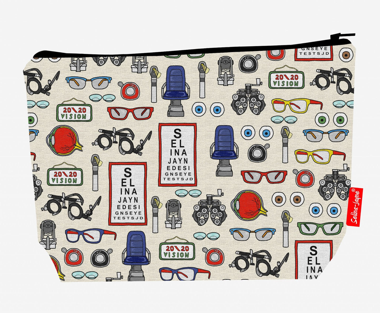 Premium 29cm opticians wash bag with vibrant eyecare print and practical storage space