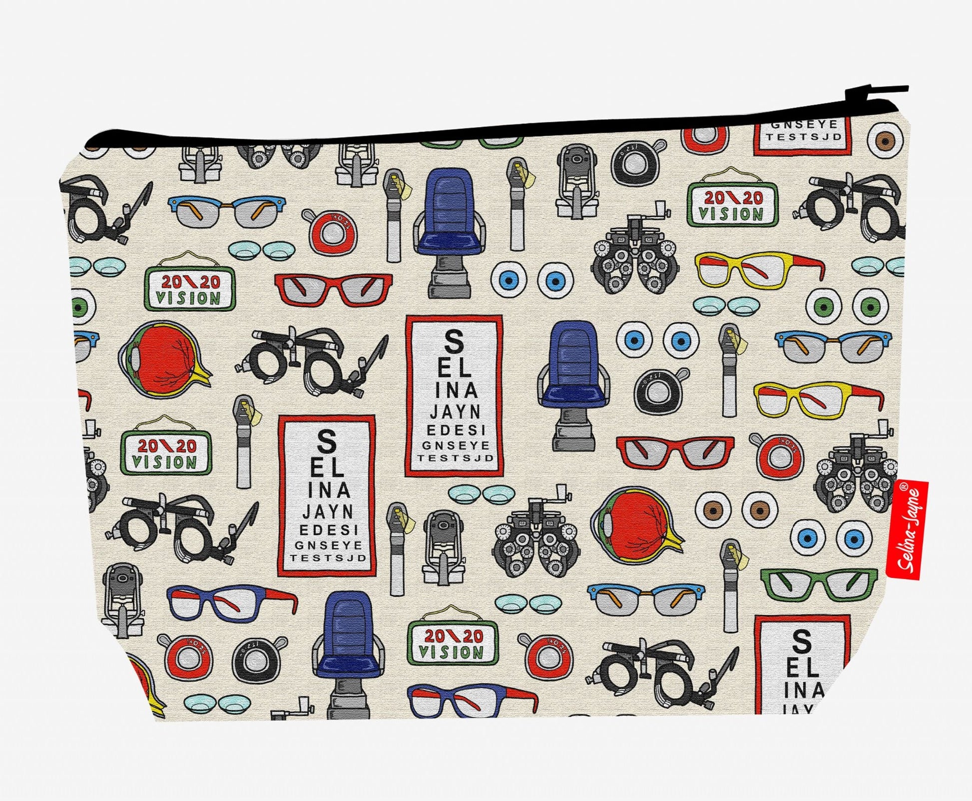 Premium 29cm opticians wash bag with vibrant eyecare print and practical storage space