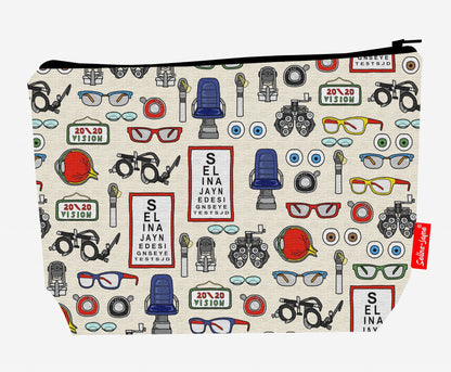 Premium 29cm opticians wash bag with vibrant eyecare print and practical storage space