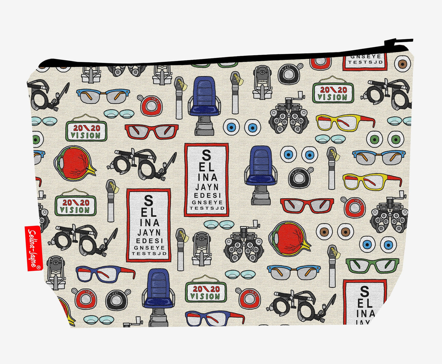 Opticians toiletry bag with eyecare design showing washable lining and zip closure
