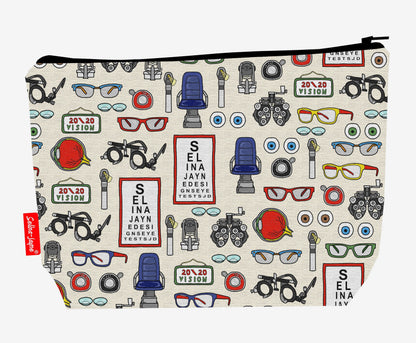 Opticians toiletry bag with eyecare design showing washable lining and zip closure