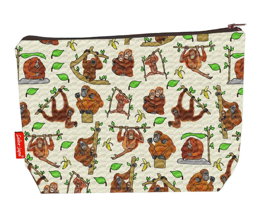 Orangutan toiletry bag with rainforest ape design showing washable lining and zip closure