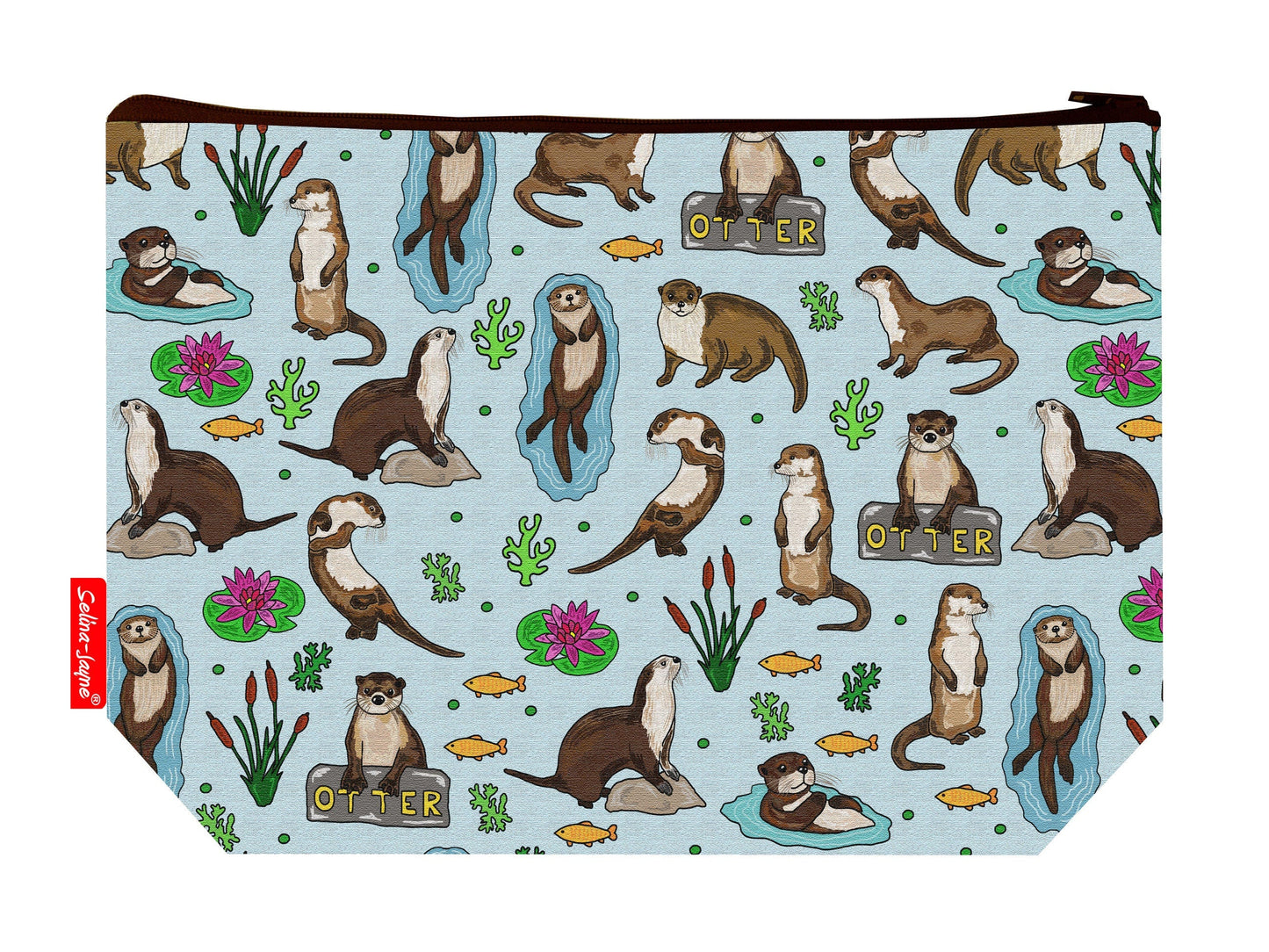 Otters toiletry bag with aquatic wildlife design showing washable lining and zip closure