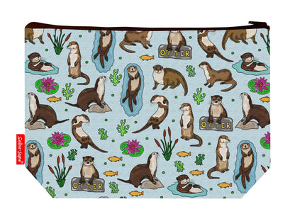 Otters toiletry bag with aquatic wildlife design showing washable lining and zip closure