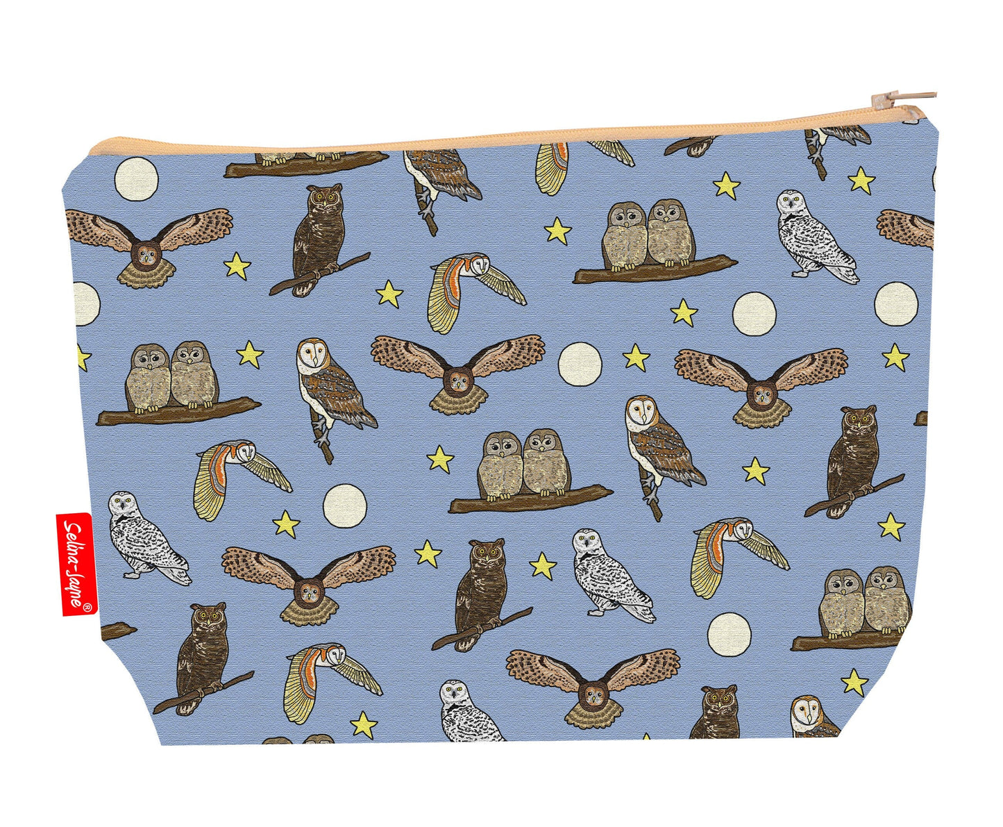 Owls toiletry bag with nocturnal bird design showing washable lining and zip closure