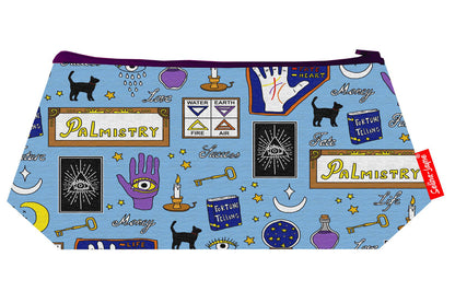"Palmistry cosmetic bag by Selina-Jayne featuring vibrant palm reading graphics, colour-coordinated zipper, and compact 17.5cm design