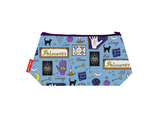 Palmistry cosmetic bag by Selina-Jayne featuring vibrant palm reading graphics, colour-coordinated zipper, and compact 17.5cm design