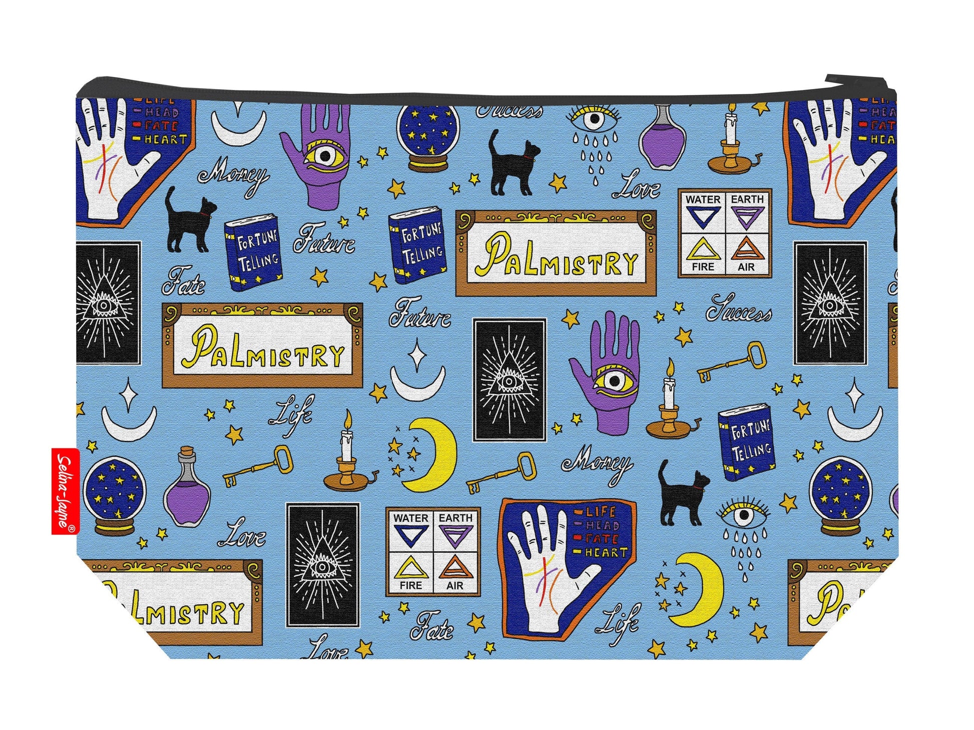 Palmistry toiletry bag with palm reading design showing washable lining and zip closure
