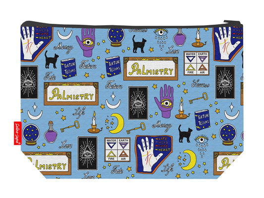 Palmistry toiletry bag with palm reading design showing washable lining and zip closure