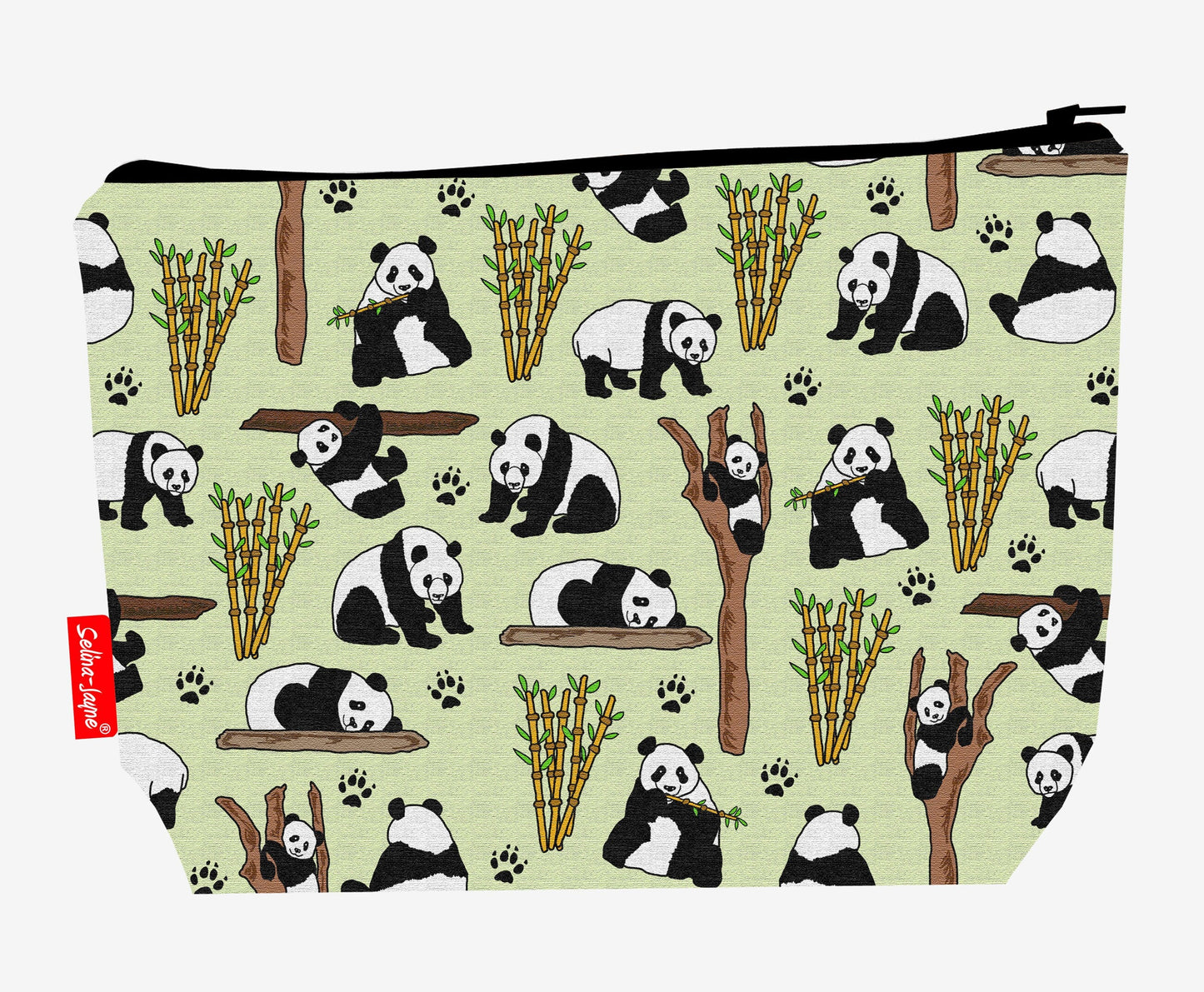 Panda Bear toiletry bag with giant panda design showing washable lining and zip closure