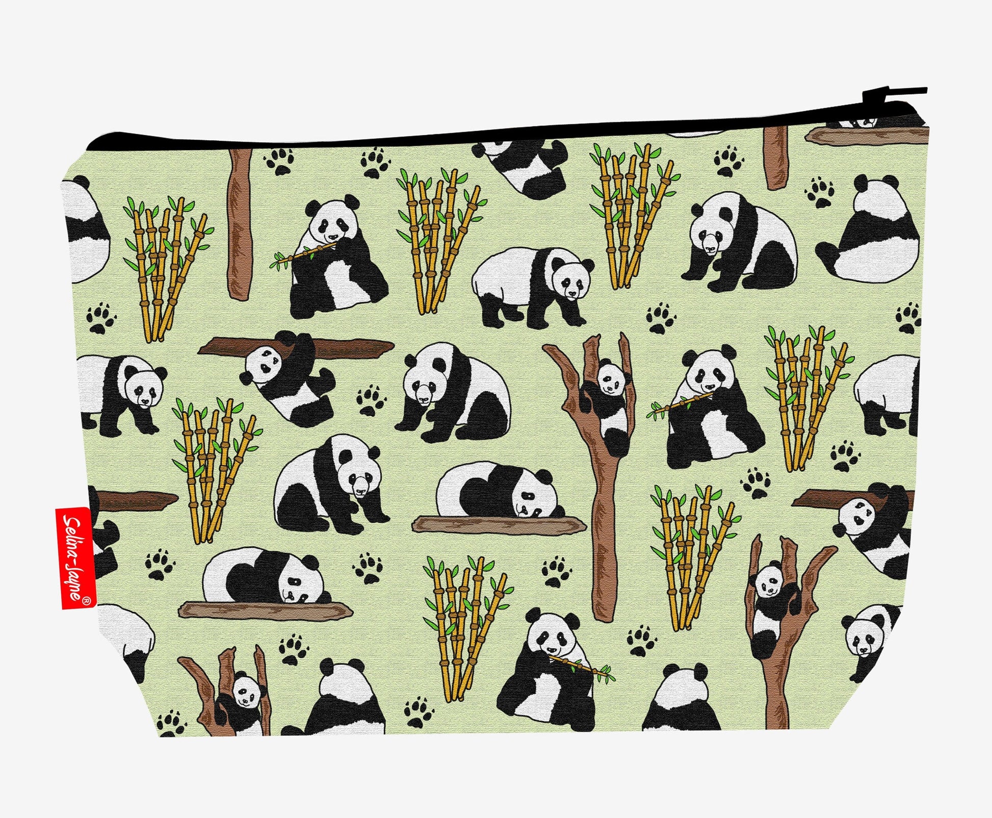 Panda Bear toiletry bag with giant panda design showing washable lining and zip closure