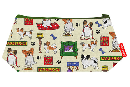 Papillon Dog cosmetic bag by Selina-Jayne featuring vibrant butterfly-eared spaniel graphics, colour-coordinated zipper, and compact 17.5cm design