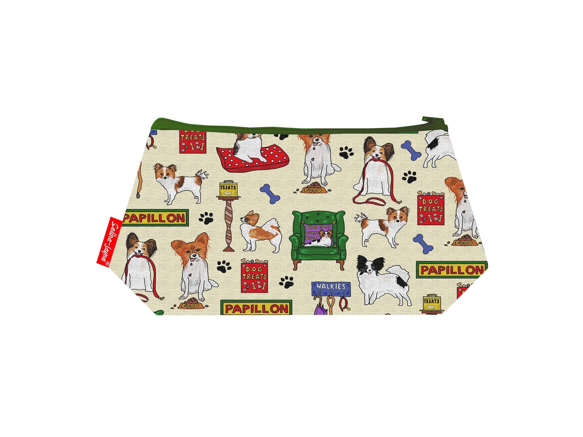 Papillon Dog cosmetic bag by Selina-Jayne featuring vibrant butterfly-eared spaniel graphics, colour-coordinated zipper, and compact 17.5cm design