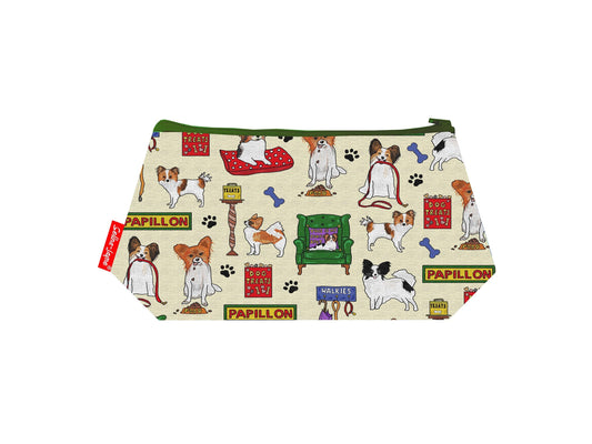 Papillon Dog cosmetic bag by Selina-Jayne featuring vibrant butterfly-eared spaniel graphics, colour-coordinated zipper, and compact 17.5cm design