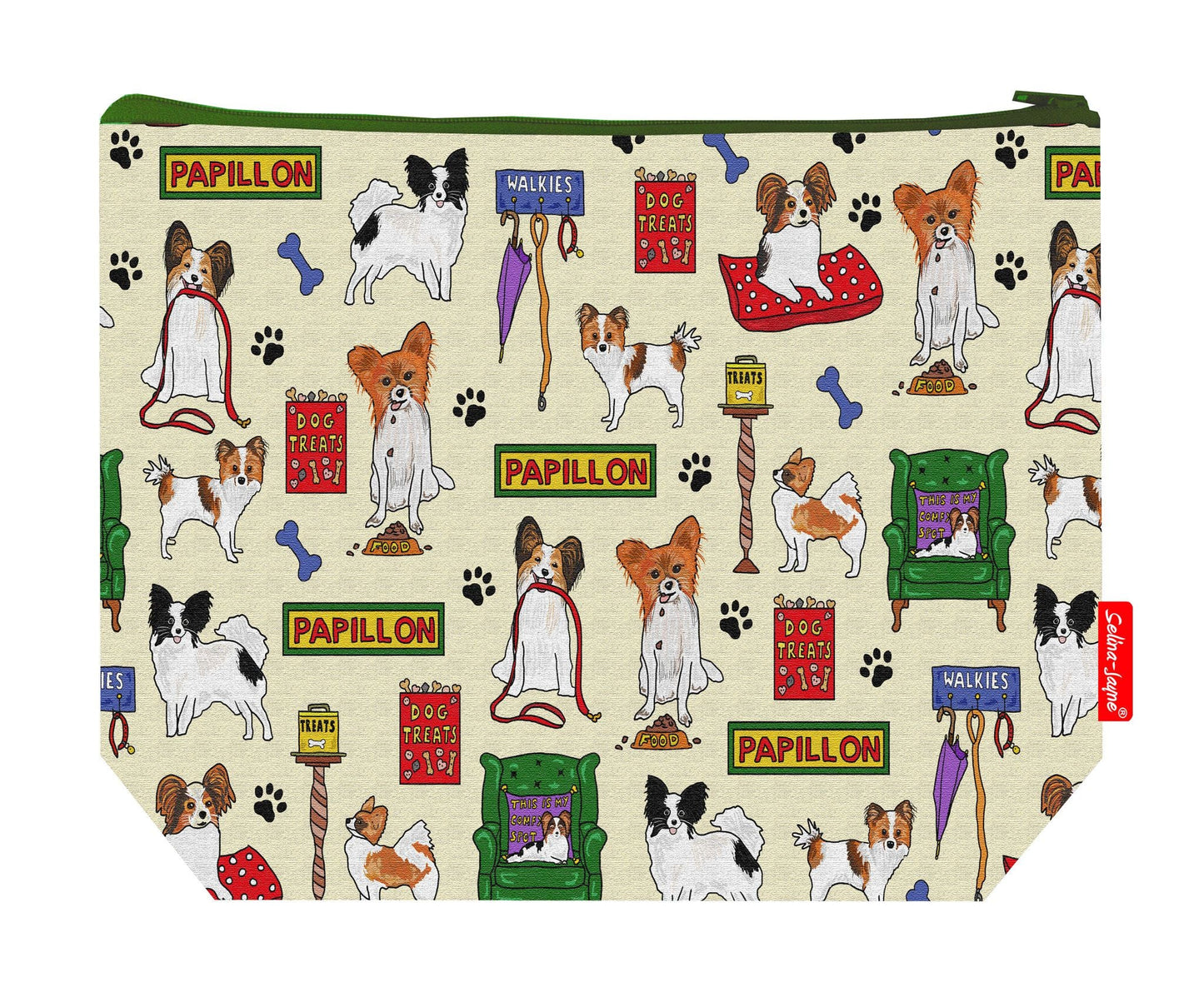Premium 29cm Papillon wash bag with vibrant toy dog print and practical storage space