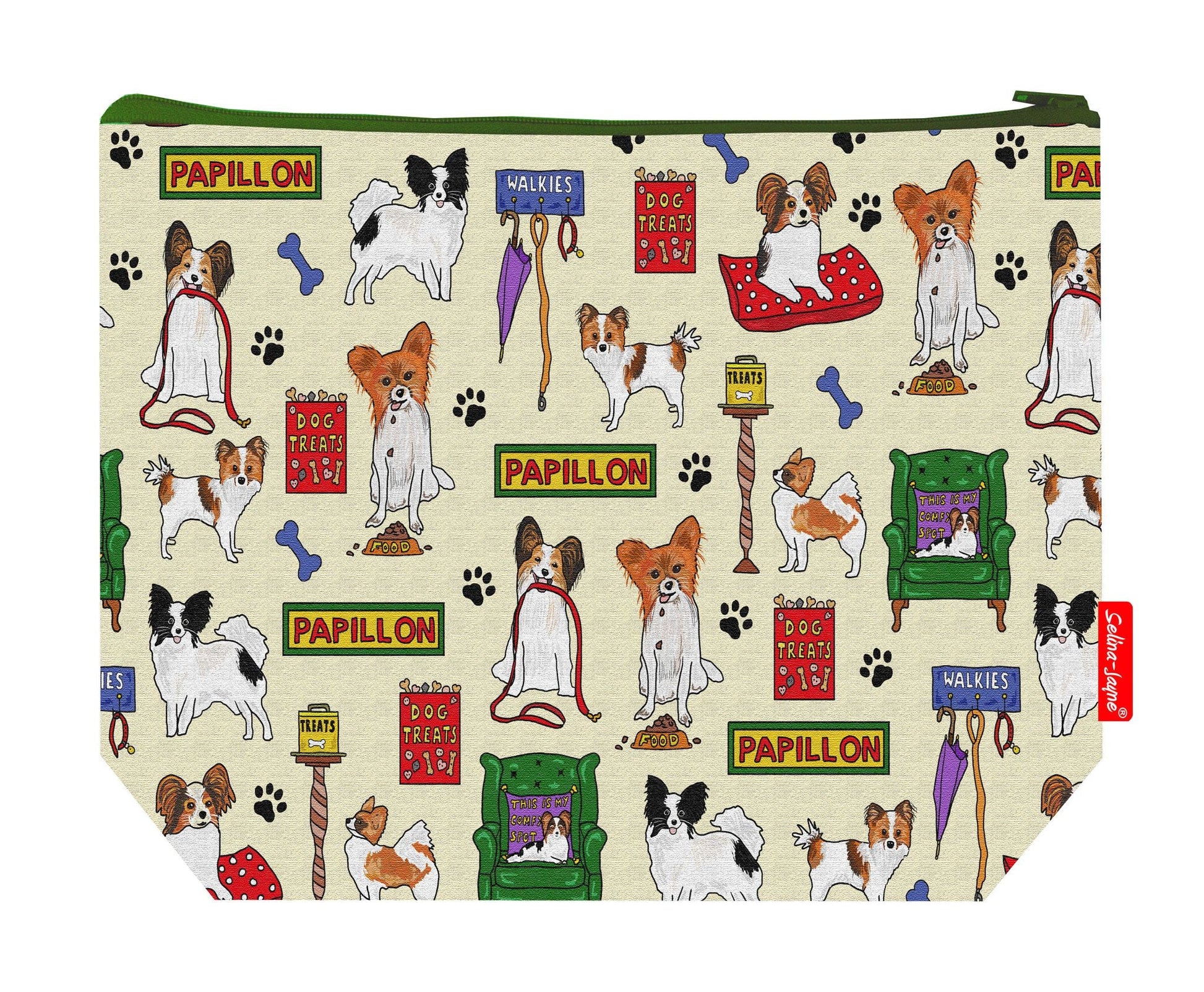 Premium 29cm Papillon wash bag with vibrant toy dog print and practical storage space