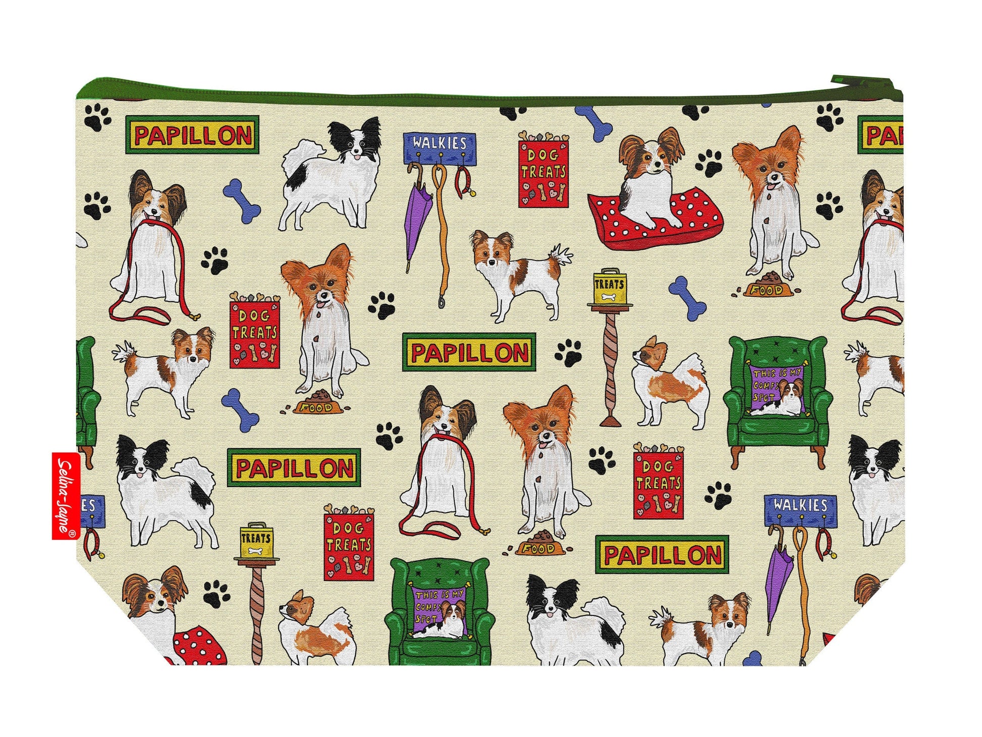 Papillon Dog toiletry bag with butterfly-eared dog design showing washable lining and zip closure