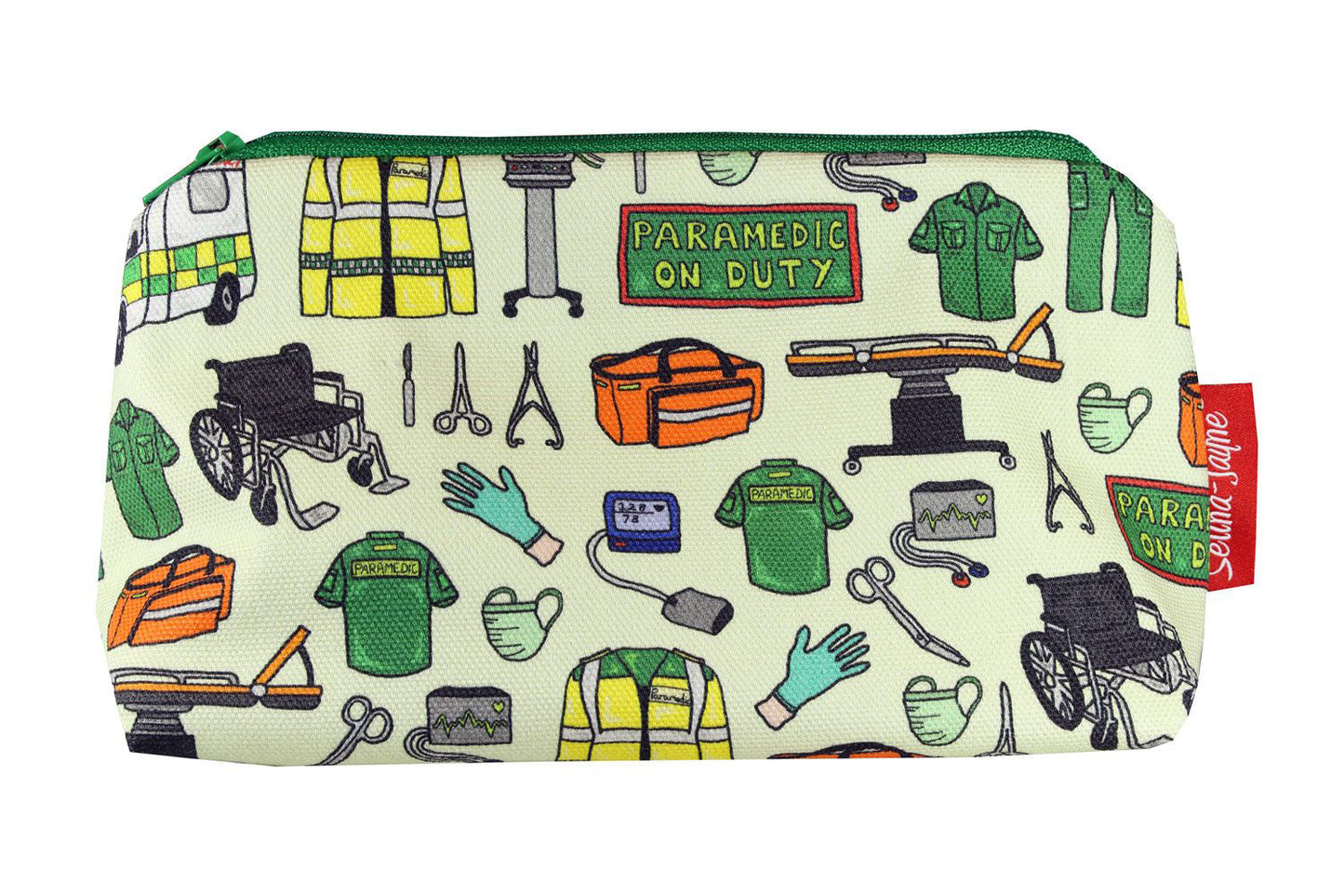 Paramedic cosmetic bag by Selina-Jayne featuring vibrant emergency services graphics, colour-coordinated zipper, and compact 17.5cm design
