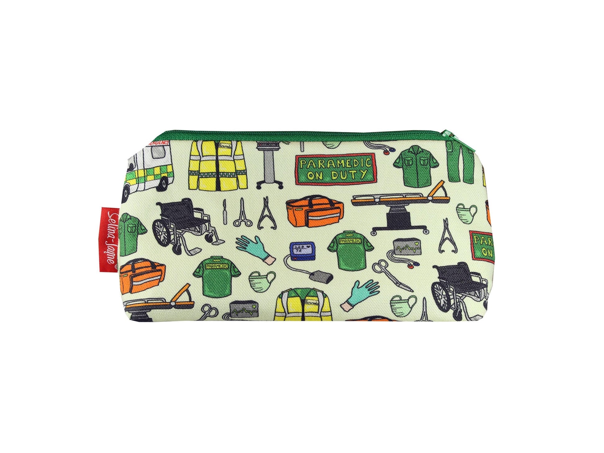 Paramedic cosmetic bag by Selina-Jayne featuring vibrant emergency services graphics, colour-coordinated zipper, and compact 17.5cm design