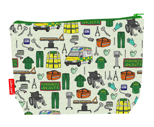 Paramedic toiletry bag with emergency services design showing washable lining and zip closure
