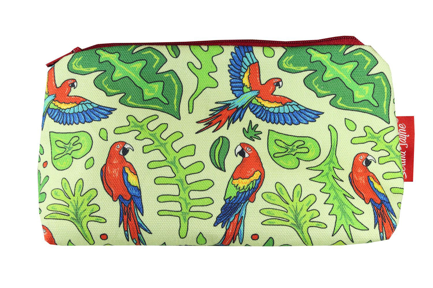 Parrots cosmetic bag by Selina-Jayne featuring vibrant tropical bird graphics, colour-coordinated zipper, and compact 17.5cm design