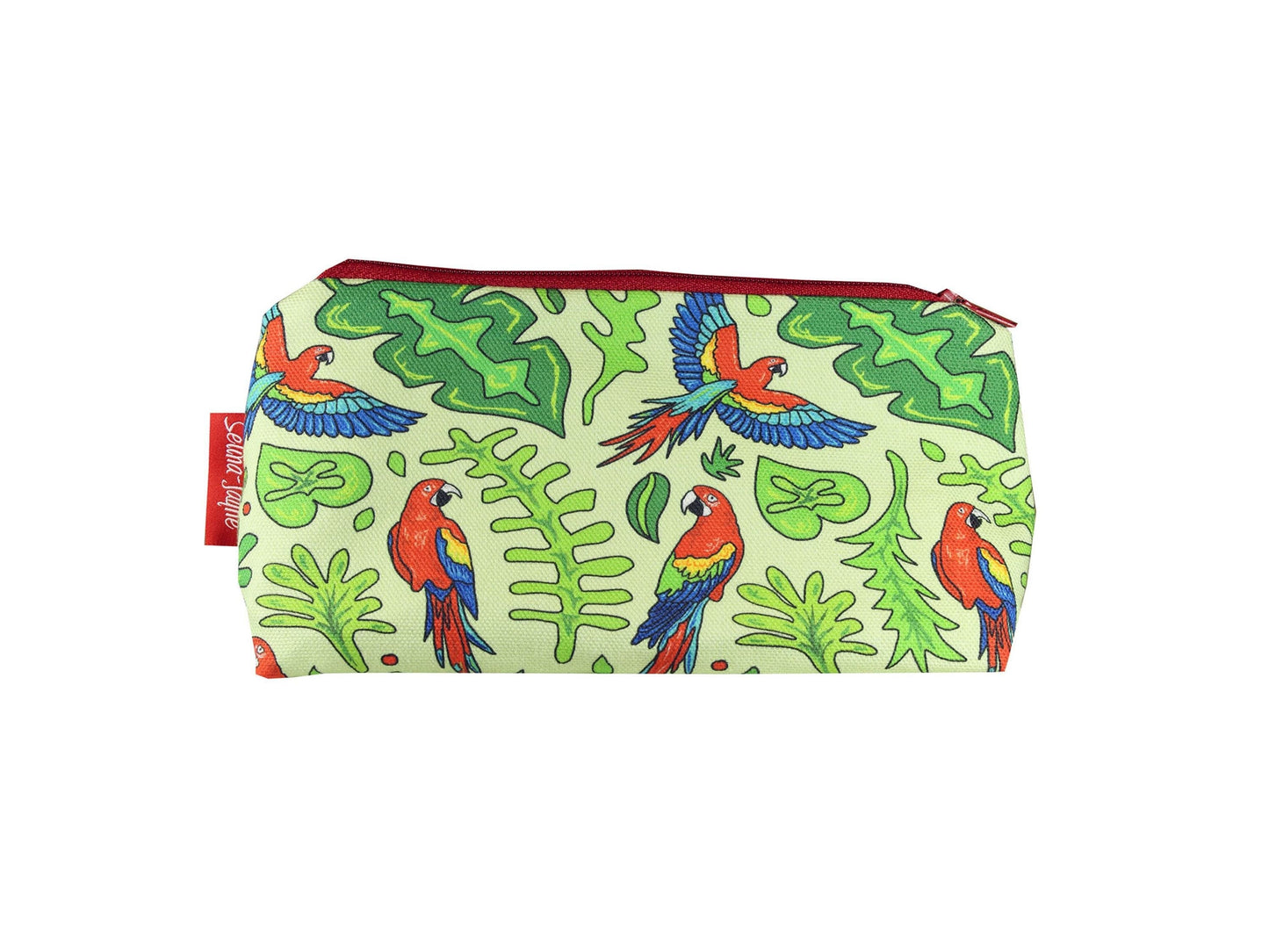 Parrots cosmetic bag by Selina-Jayne featuring vibrant tropical bird graphics, colour-coordinated zipper, and compact 17.5cm design