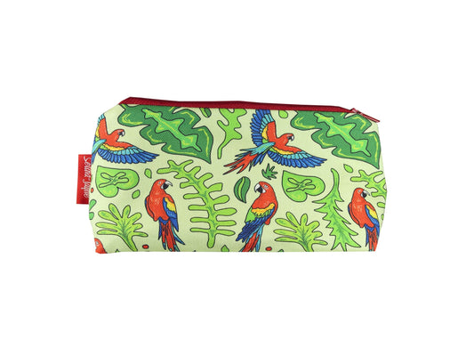 Parrots cosmetic bag by Selina-Jayne featuring vibrant tropical bird graphics, colour-coordinated zipper, and compact 17.5cm design