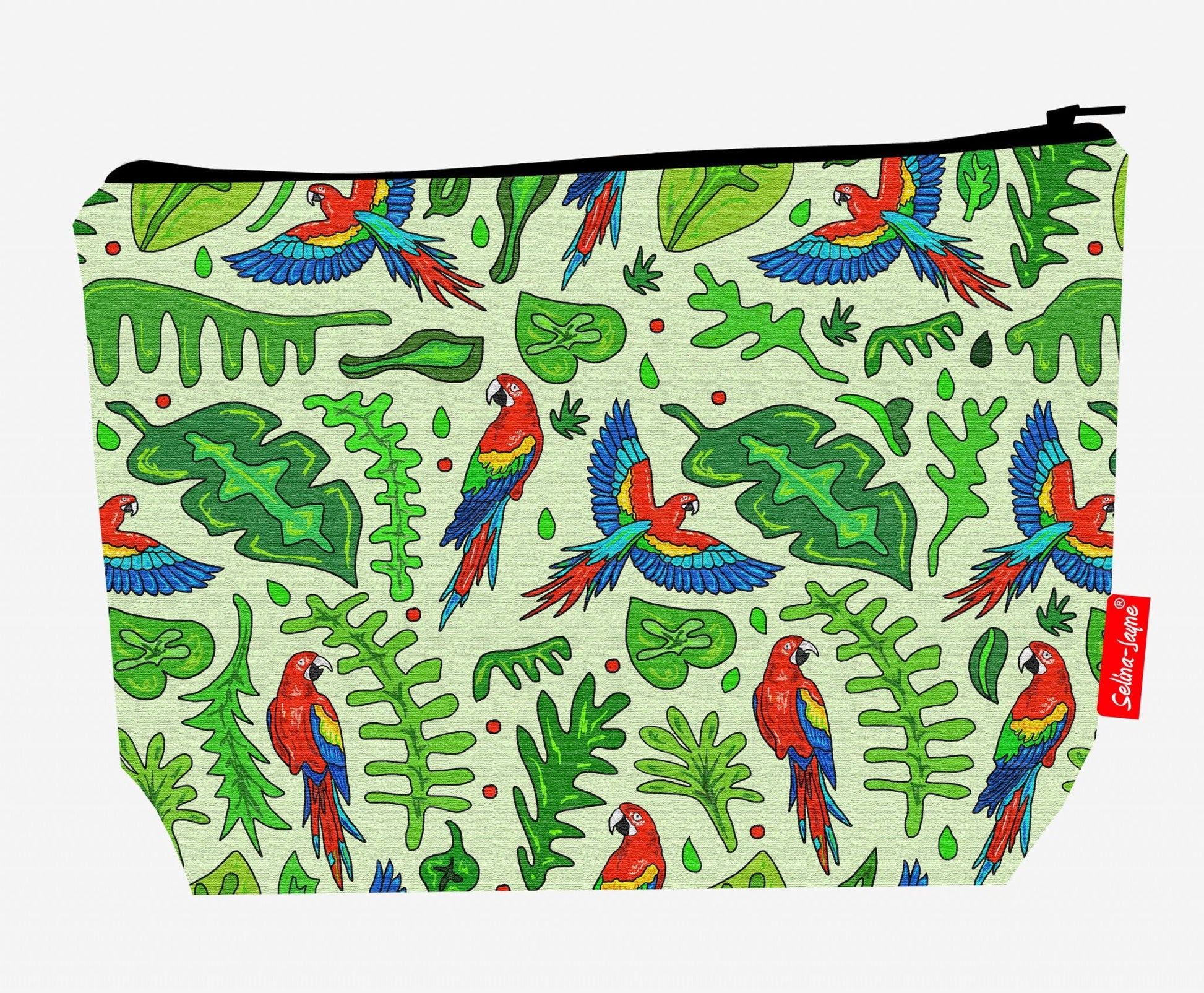 Premium 29cm parrots wash bag with vibrant exotic bird print and practical storage space