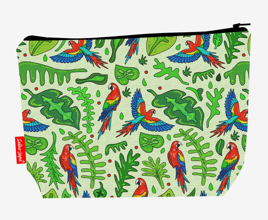 Parrots toiletry bag with tropical bird design showing washable lining and zip closure