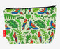 Parrots toiletry bag with tropical bird design showing washable lining and zip closure