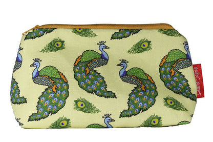 Peacocks cosmetic bag by Selina-Jayne featuring vibrant peacock plumage graphics, colour-coordinated zipper, and compact 17.5cm design
