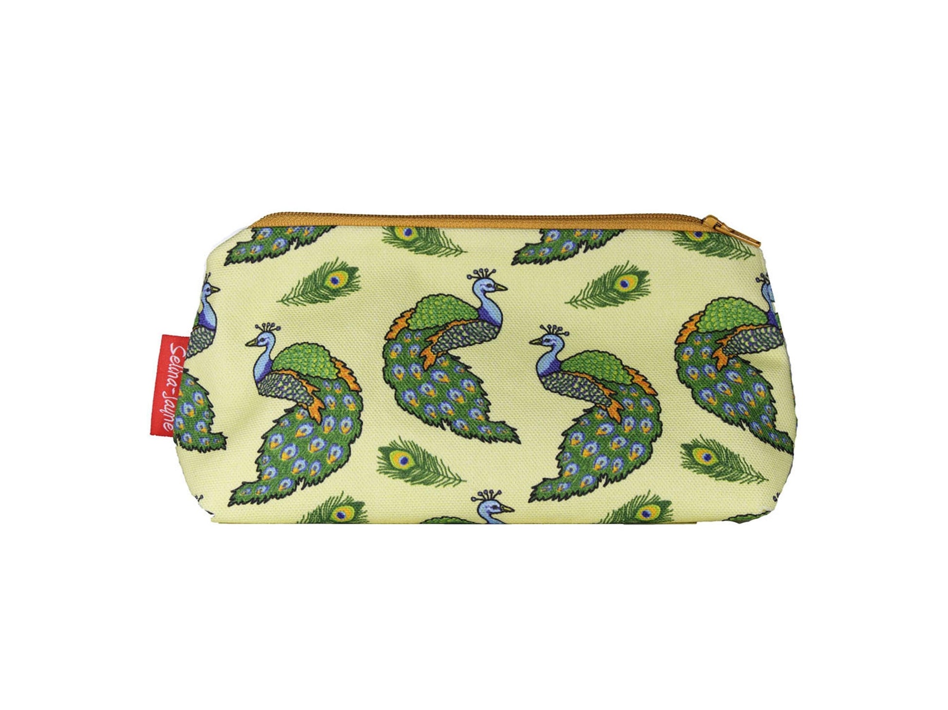 Peacocks cosmetic bag by Selina-Jayne featuring vibrant peacock plumage graphics, colour-coordinated zipper, and compact 17.5cm design