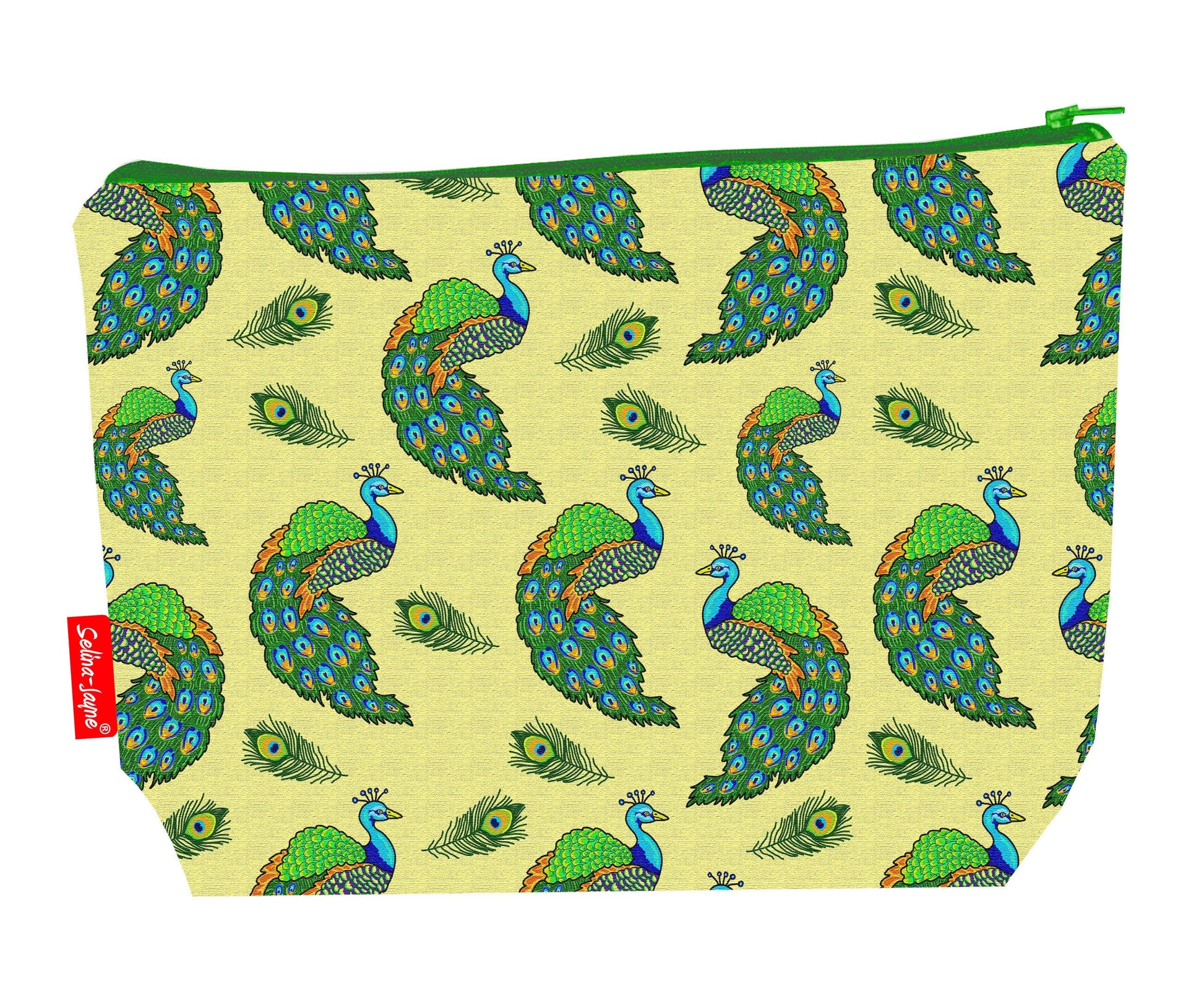 Peacocks toiletry bag with exotic bird design showing washable lining and zip closure
