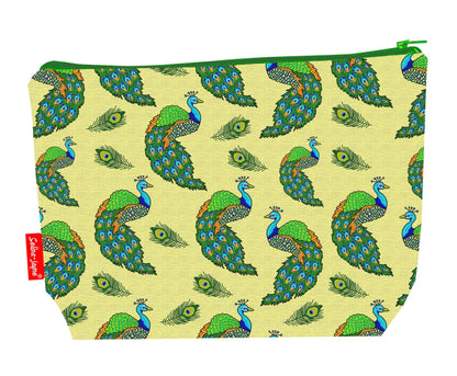Peacocks toiletry bag with exotic bird design showing washable lining and zip closure