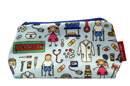 Pediatrician cosmetic bag by Selina-Jayne featuring vibrant children's healthcare graphics, colour-coordinated zipper, and compact 17.5cm design