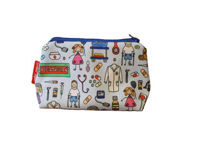 Pediatrician cosmetic bag by Selina-Jayne featuring vibrant children's healthcare graphics, colour-coordinated zipper, and compact 17.5cm design