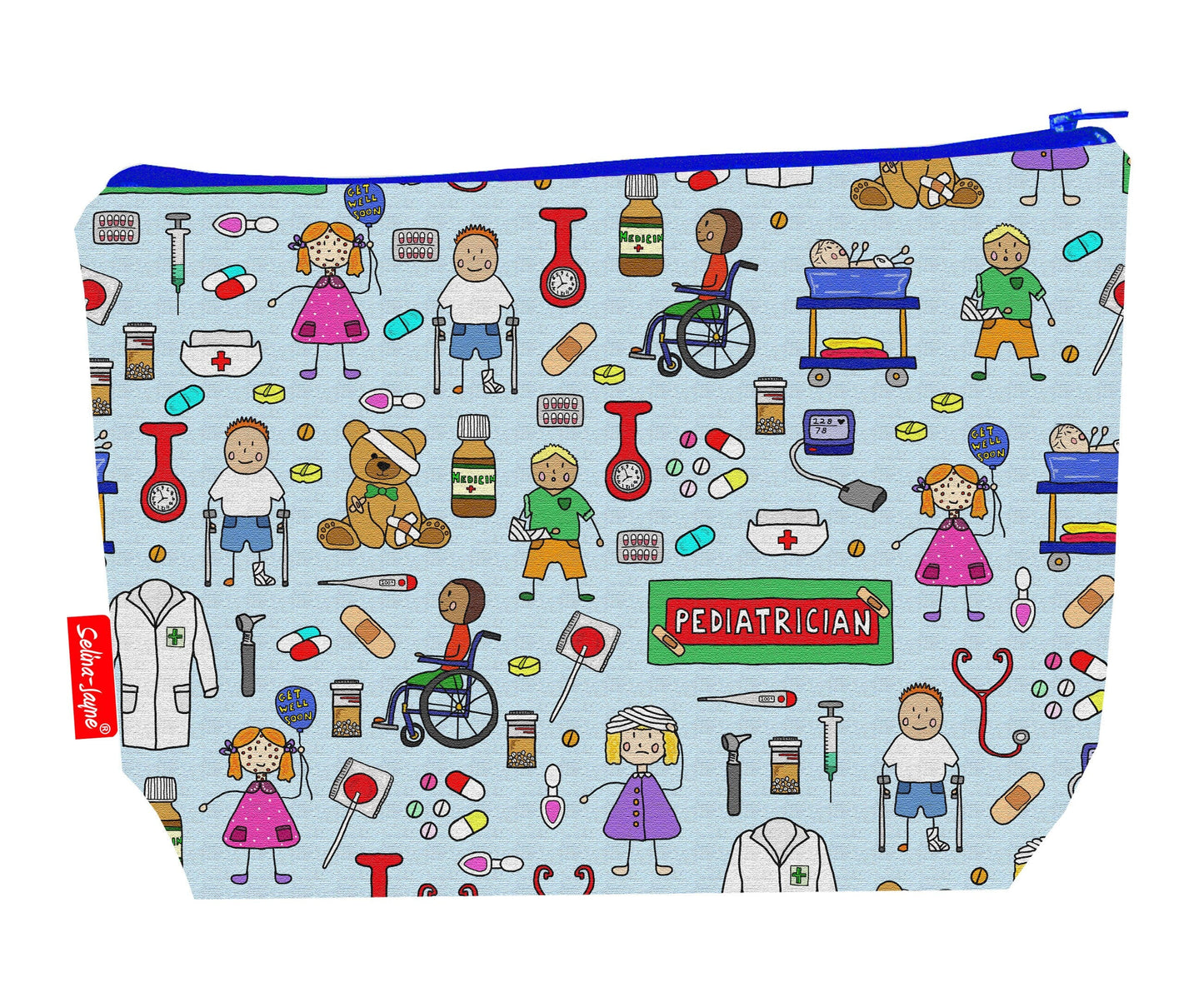 Pediatrician toiletry bag with children's doctor design showing washable lining and zip closure