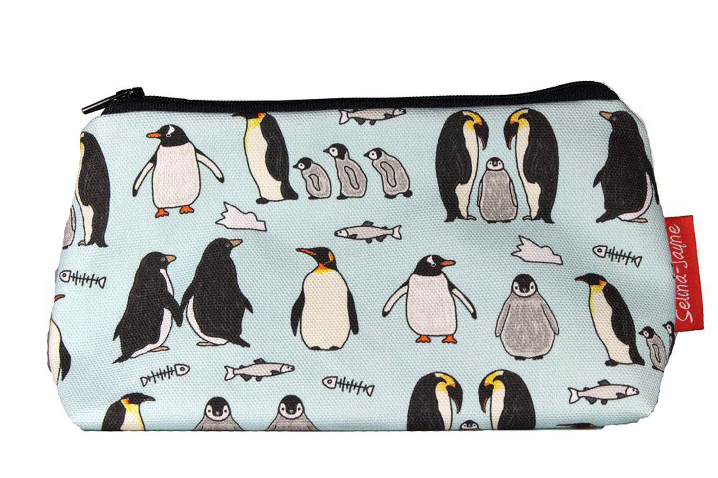 Penguins cosmetic bag by Selina-Jayne featuring vibrant Antarctic bird graphics, colour-coordinated zipper, and compact 17.5cm design