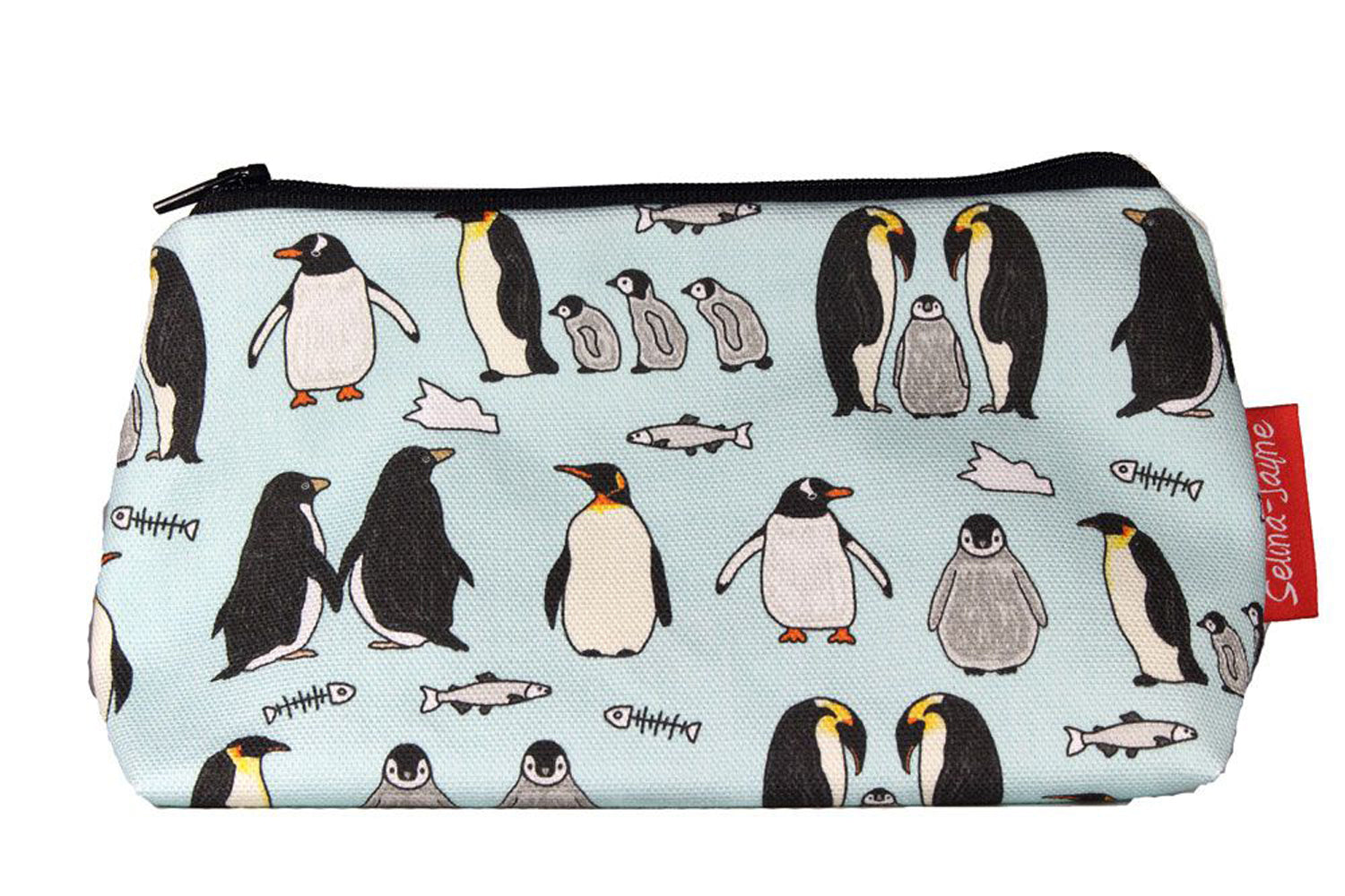 Penguins cosmetic bag by Selina-Jayne featuring vibrant Antarctic bird graphics, colour-coordinated zipper, and compact 17.5cm design