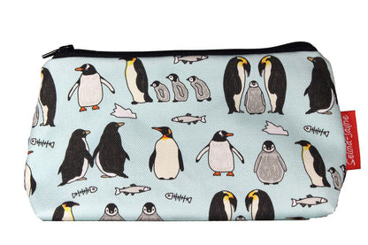 Penguins cosmetic bag by Selina-Jayne featuring vibrant Antarctic bird graphics, colour-coordinated zipper, and compact 17.5cm design
