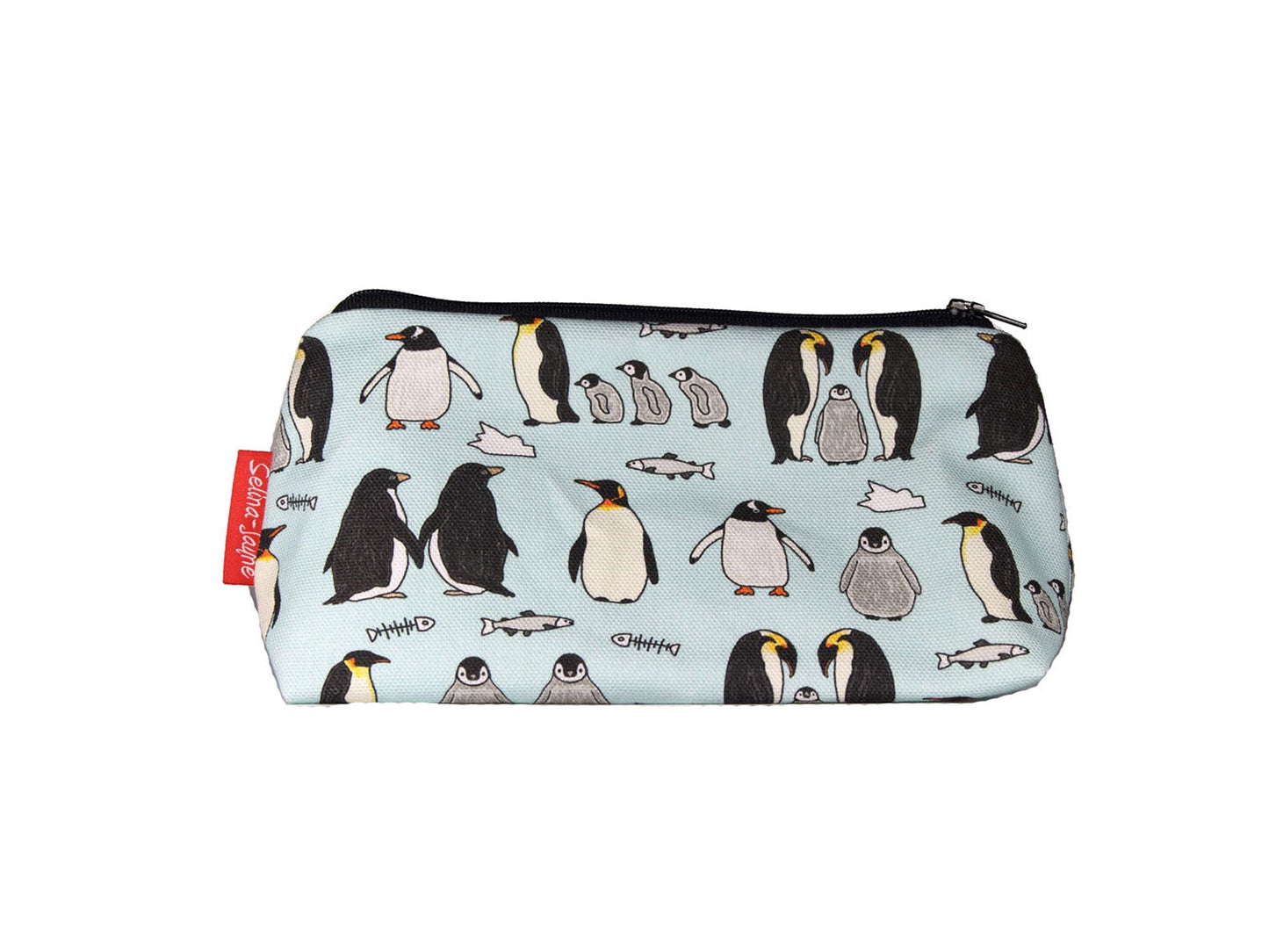 Penguins cosmetic bag by Selina-Jayne featuring vibrant Antarctic bird graphics, colour-coordinated zipper, and compact 17.5cm design
