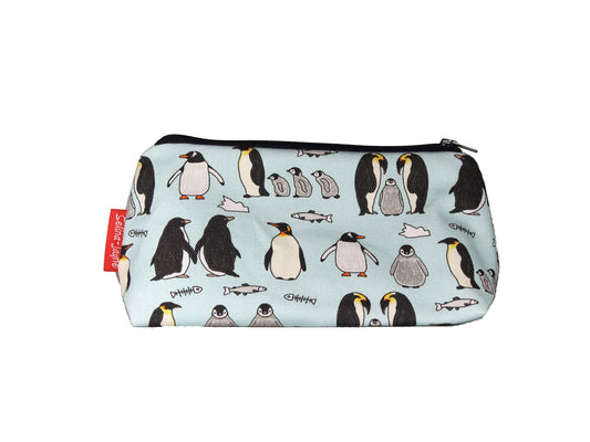Penguins cosmetic bag by Selina-Jayne featuring vibrant Antarctic bird graphics, colour-coordinated zipper, and compact 17.5cm design