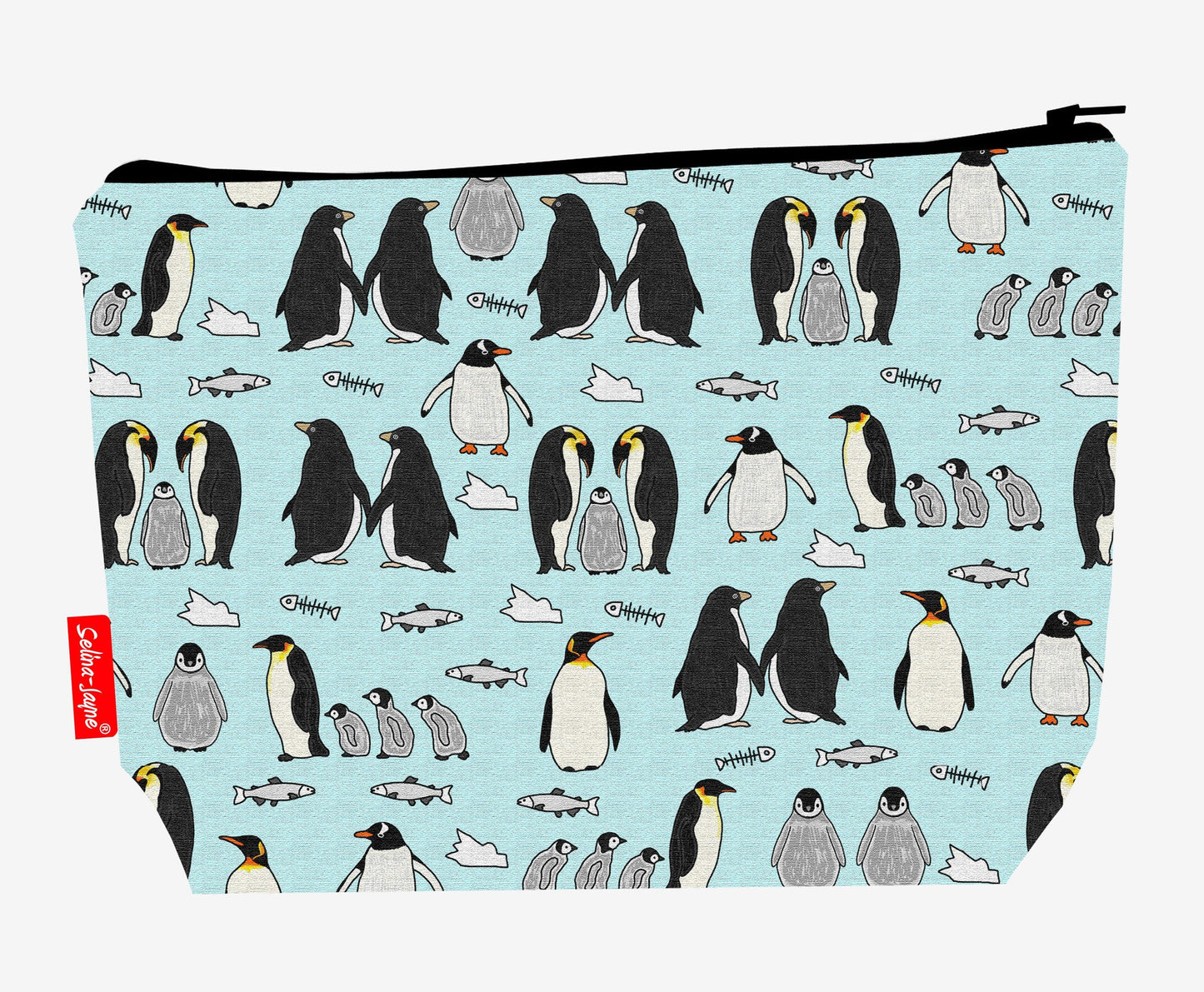 Penguins toiletry bag with Antarctic bird design showing washable lining and zip closure