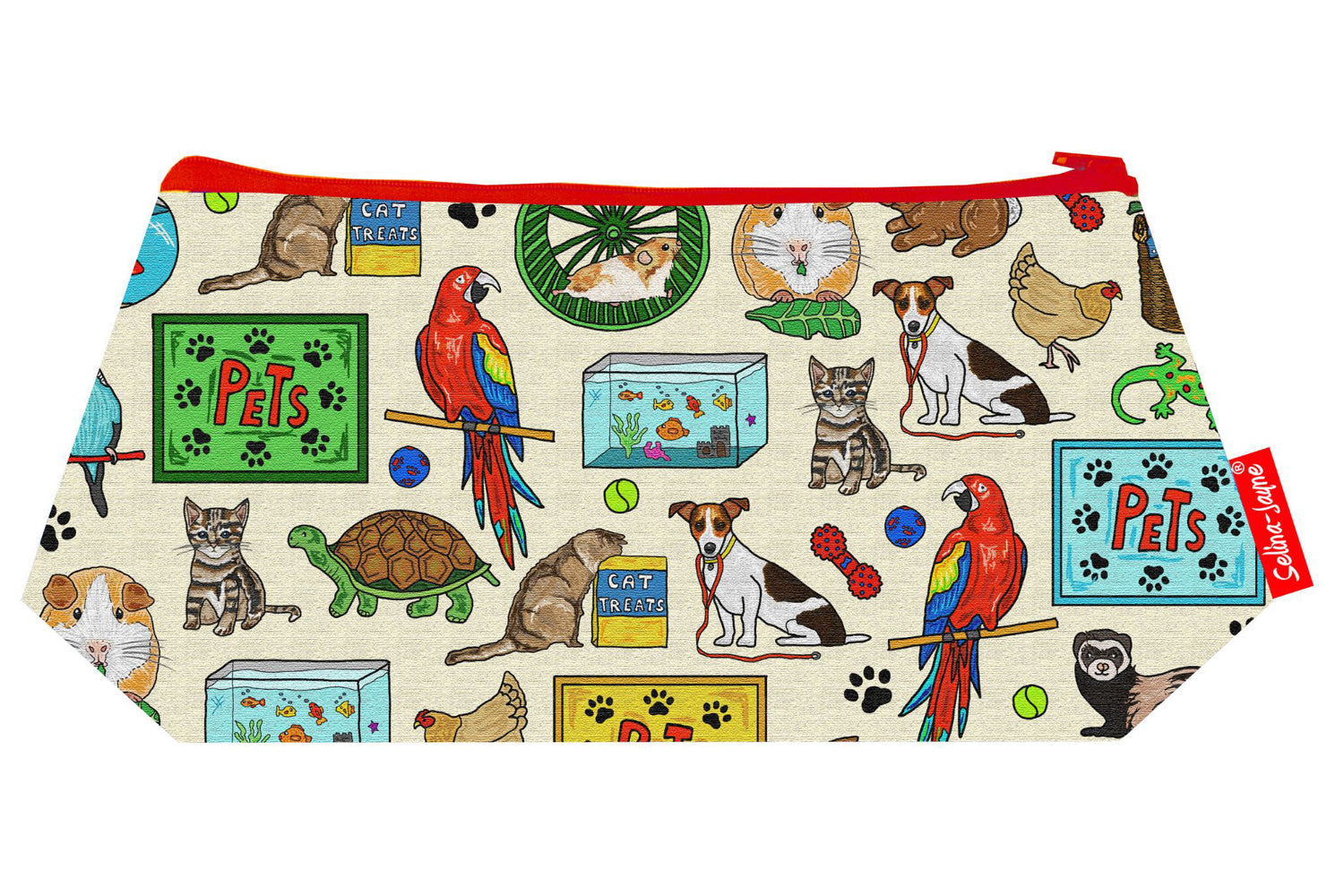 Pets cosmetic bag by Selina-Jayne featuring vibrant animal graphics, colour-coordinated zipper, and compact 17.5cm design
