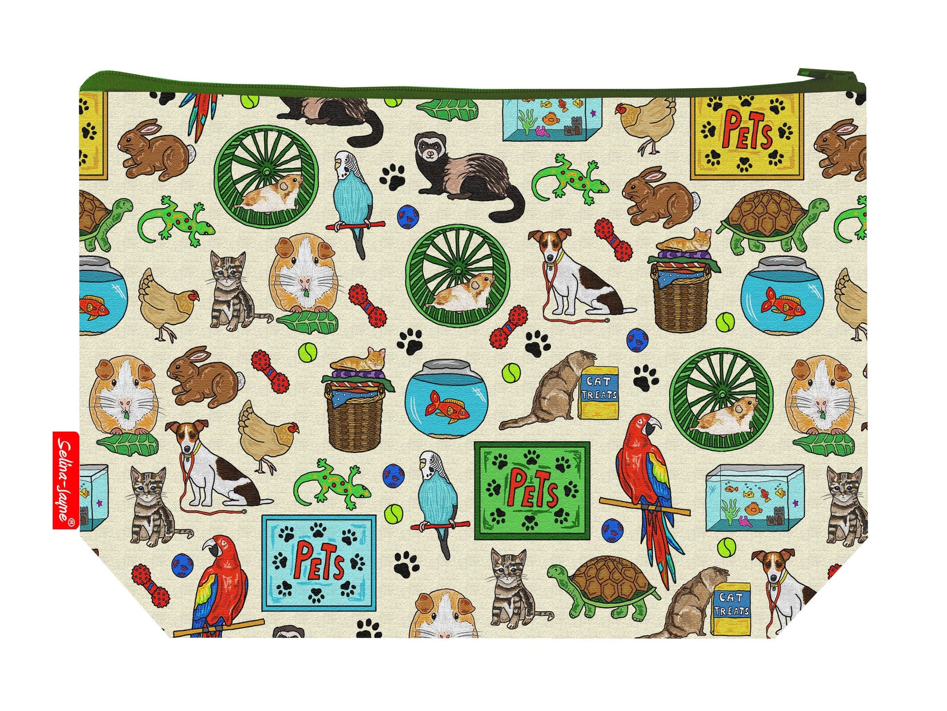 Pets toiletry bag with animal lover design showing washable lining and zip closure