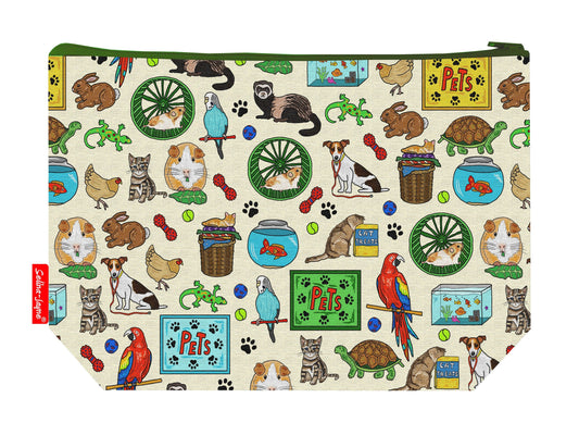 Pets toiletry bag with animal lover design showing washable lining and zip closure