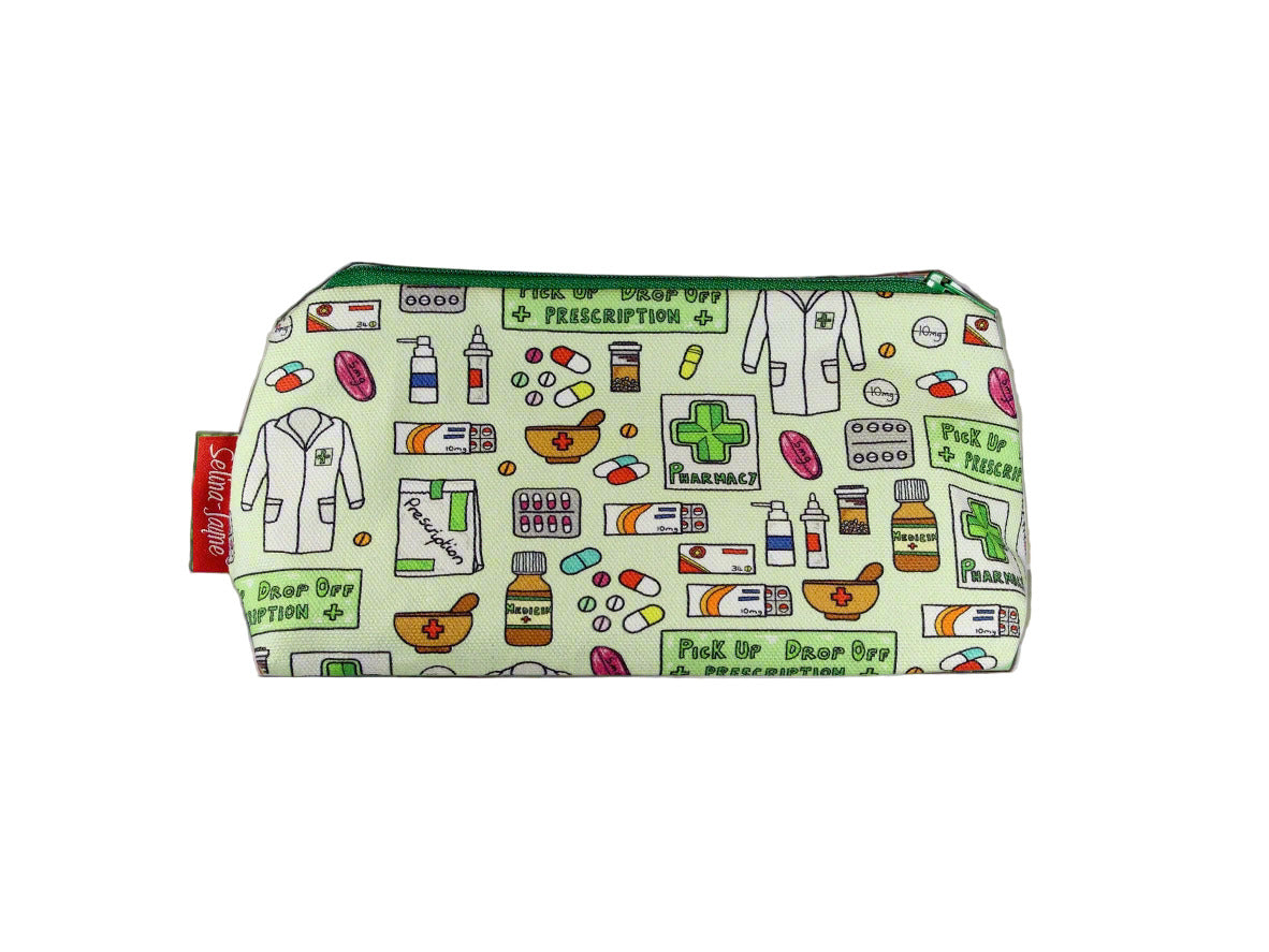 Pharmacist cosmetic bag by Selina-Jayne featuring vibrant pharmacy professional graphics, colour-coordinated zipper, and compact 17.5cm design