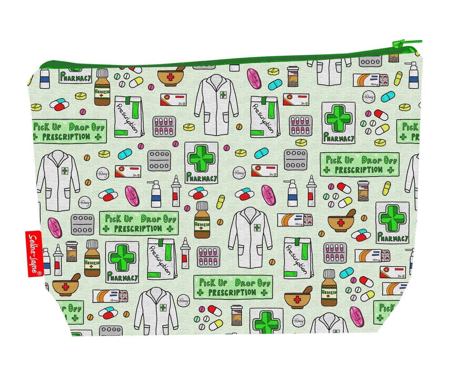 Pharmacist toiletry bag with pharmacy professional design showing washable lining and zip closure